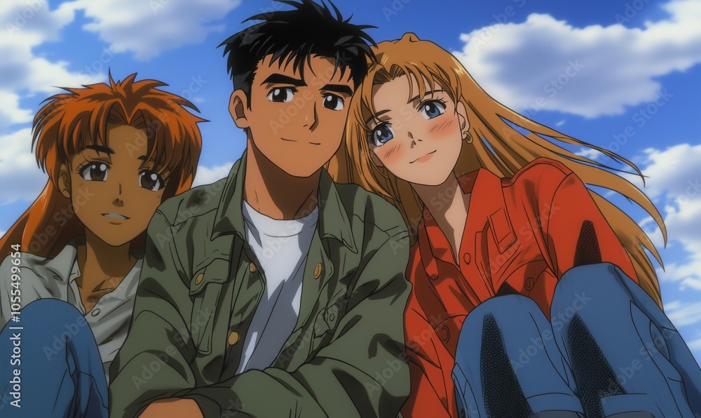 Three friends enjoy a sunny day outdoors, smiling and posing together against a backdrop of clouds and blue sky Three friends enjoy a sunny day outdoors, smiling and posing together against a backdrop of clouds and blue sky