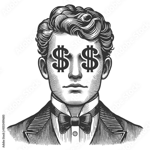 man with excited expression and dollar signs in his eyes, symbolizing greed or financial ambition sketch engraving generative ai vector illustration. Scratch board imitation. Black and white image.