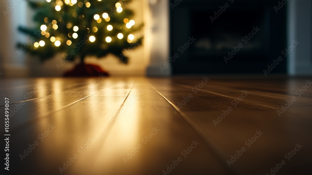 A tiny Christmas tree atop a hardwood floor in the living room, nestled beside a fireplace A tiny Christmas tree atop a hardwood floor in the living room, nestled beside a fireplace