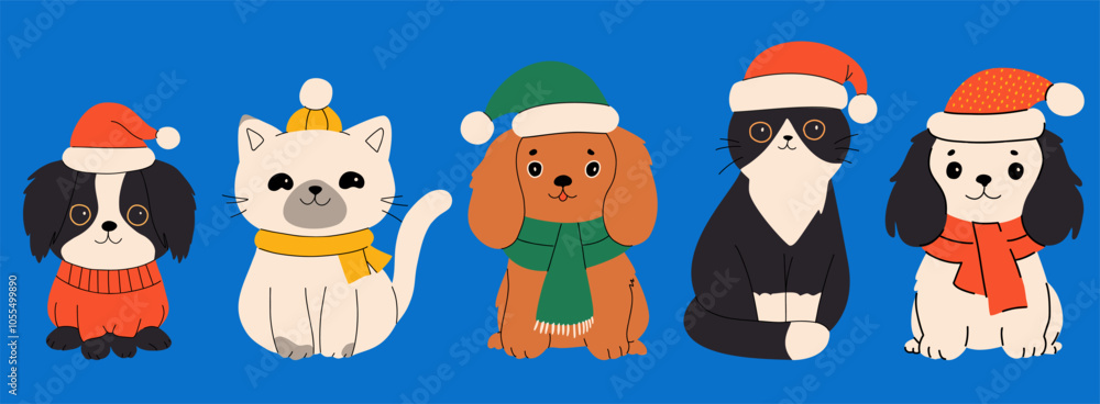 Merry christmas and happy new year concept background vector. Collection drawing of cute cat and dog with decorative scarf, ribbon, hat. Design suitable for banner, invitation, card, banner, cover. Merry christmas and happy new year concept background vector. Collection drawing of cute cat and dog with decorative scarf, ribbon, hat. Design suitable for banner, invitation, card, banner, cover.