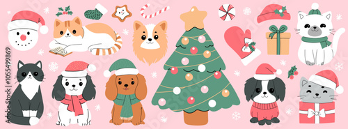Merry christmas and happy new year concept background vector. Collection drawing of cute cat and dog with decorative scarf, ribbon, hat. Design suitable for banner, invitation, card, banner, cover.