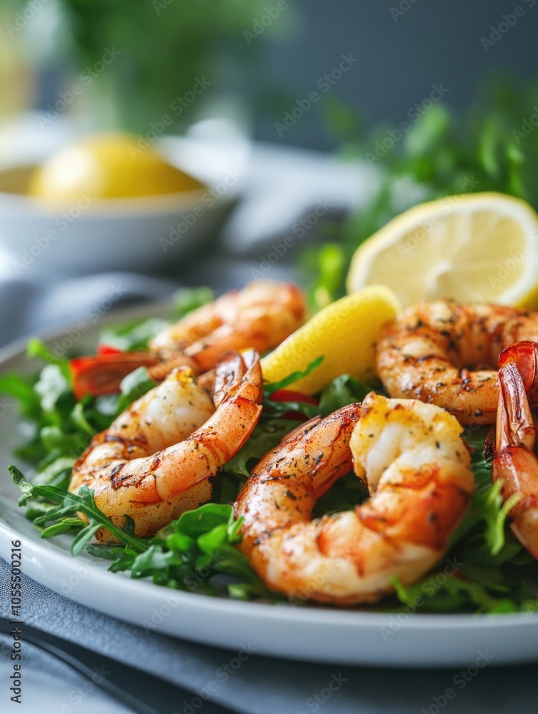 Shrimp on White Plate with Lemon Shrimp on White Plate with Lemon