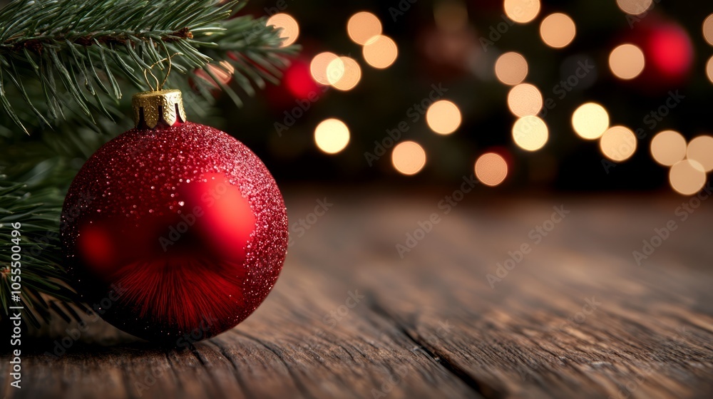 A red ornament atop a wooden table, nearby a Christmas tree adorned with lights A red ornament atop a wooden table, nearby a Christmas tree adorned with lights