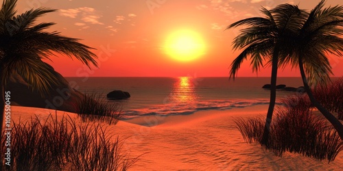 A beautiful computer-generated image of a sunset over the sea.