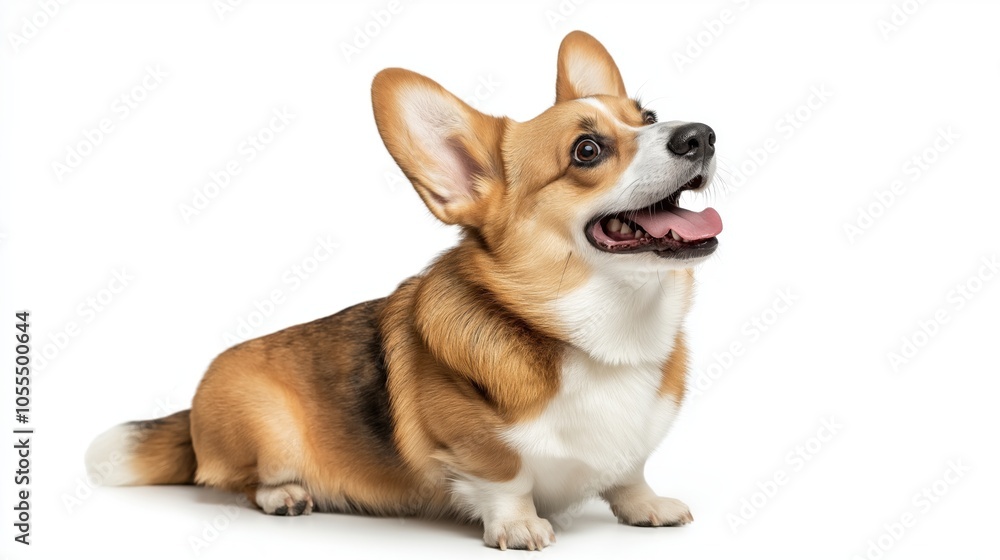 Portrait of a happy Pembroke Welsh Corgi with tongue out, ears perked up, and expressive eyes, on a plain white background. Portrait of a happy Pembroke Welsh Corgi with tongue out, ears perked up, and expressive eyes, on a plain white background.