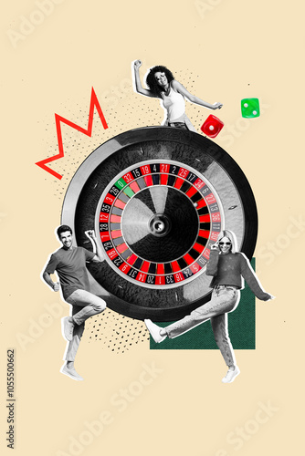 Composite trend artwork 3D sketch image photo collage of casino gambling play roulette online egame young lady man dance celebrate rich photo