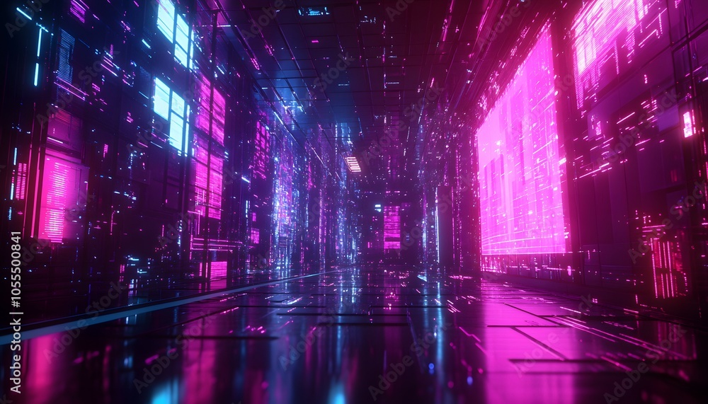 Fototapeta premium Futuristic Neon-Lit Corridor with Digital Interfaces
