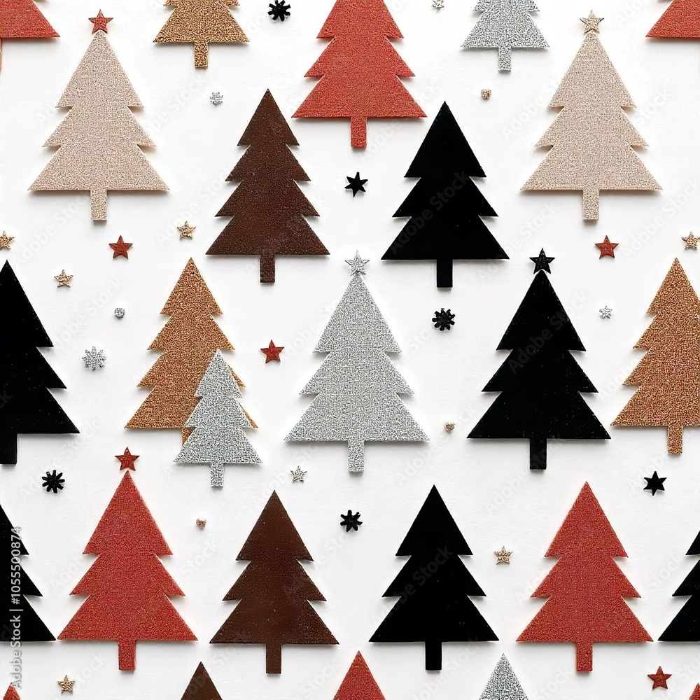 A pattern of various stylized Christmas trees in different shades of black, orange, and white, with some pine cones and other decorative elements scattered throughout the composition A pattern of various stylized Christmas trees in different shades of black, orange, and white, with some pine cones and other decorative elements scattered throughout the composition