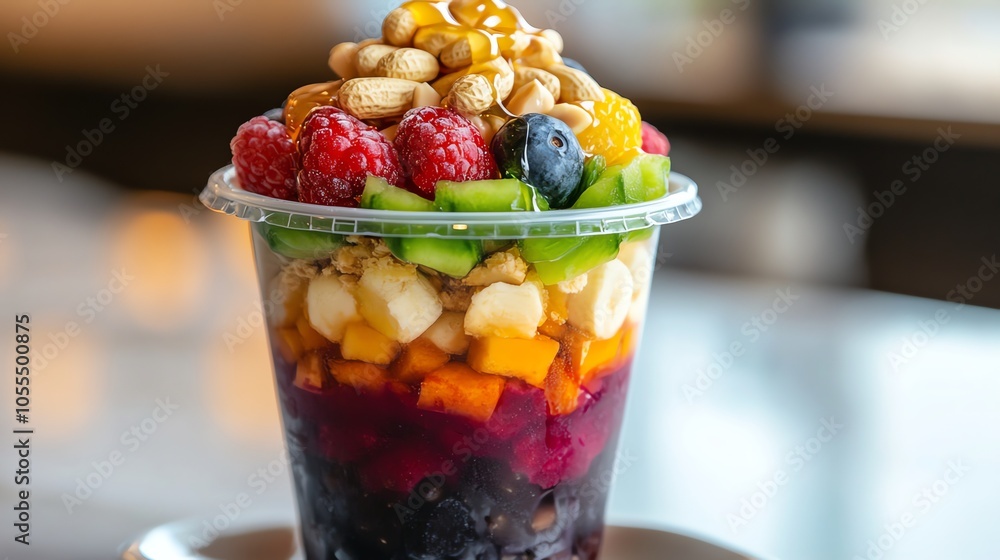 A close-up shot of an acai bowl topped with pineapple, strawberries, blueberries, and nuts. A close-up shot of an acai bowl topped with pineapple, strawberries, blueberries, and nuts.