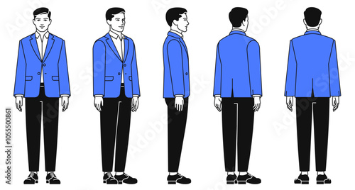 Young handsome businessman wearing blue blazer, white shirt, black pants and shoes standing in front, back, side, half-turn view. Isolated linear vector illustration