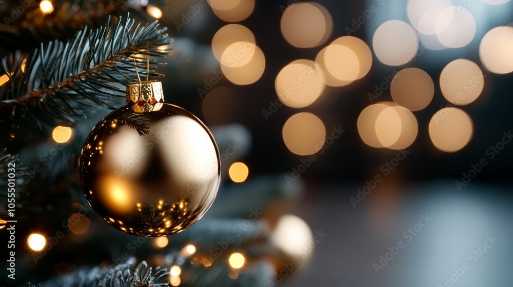 A tight shot of a Christmas tree, with softly blurred background lights, and a distinct bauble ornament in focus A tight shot of a Christmas tree, with softly blurred background lights, and a distinct bauble ornament in focus