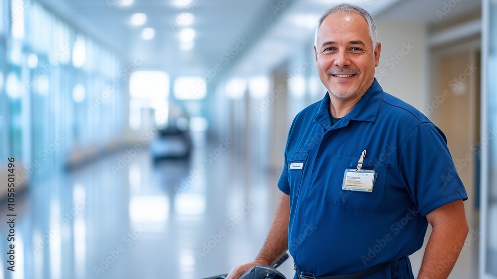 Fototapeta premium Janitor smiling and holding floor cleaning machine in hospital corridor