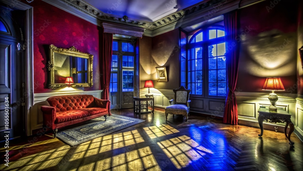 Night Photography of a Red Room with Window Shadows Creating an Atmospheric Scene Night Photography of a Red Room with Window Shadows Creating an Atmospheric Scene