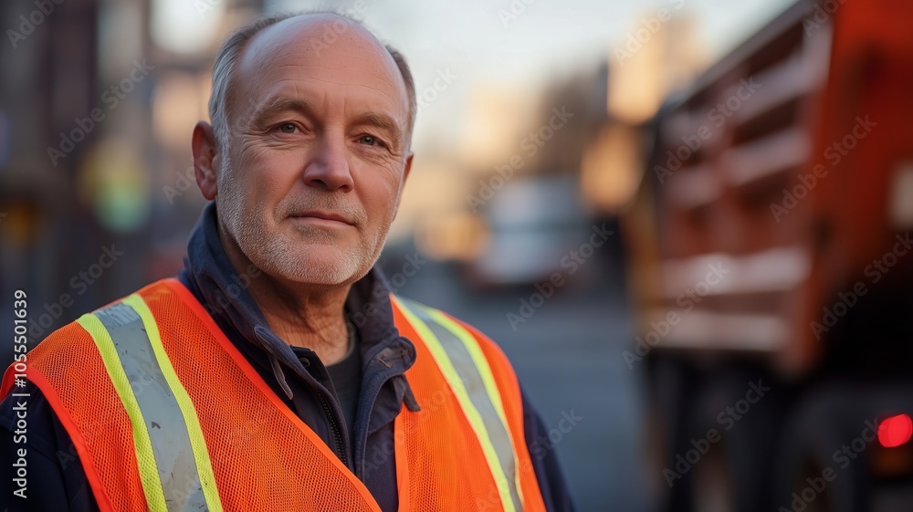 Construction worker wearing high visibility vest on job site