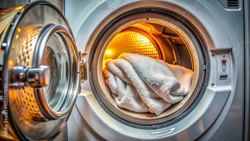 Night Photography of a White Towel Inside a Dryer, Capturing Textures and Shadows for Home Decor and Laundry