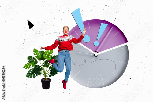 Composite trend artwork sketch image photo collage of young lady office huge clock show time deadline plant fly levitate warm clothes