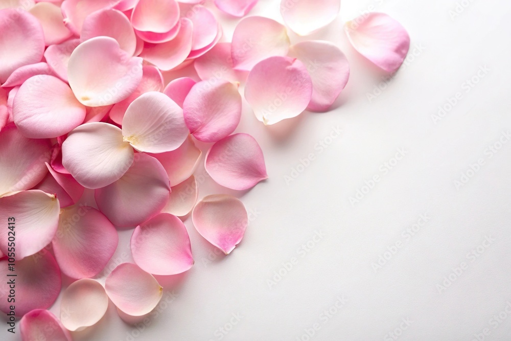 delicate pink rose petals scattered on a soft white background, floral arrangement, delicate texture, rose, pastel color delicate pink rose petals scattered on a soft white background, floral arrangement, delicate texture, rose, pastel color
