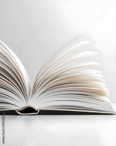 Open book with pages fanned out on a minimalistic surface