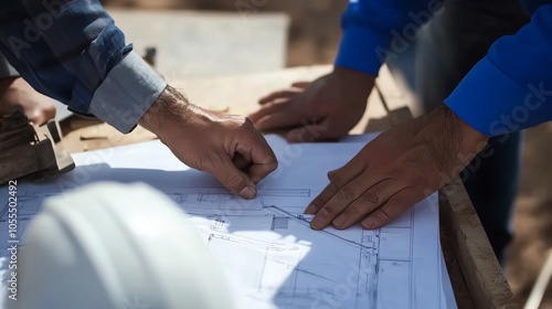 Two people look over building plans.