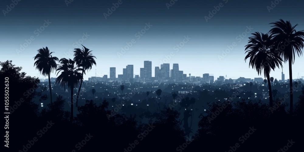 Obraz premium A dark outline of a city against the sky, with palm trees in the distance.