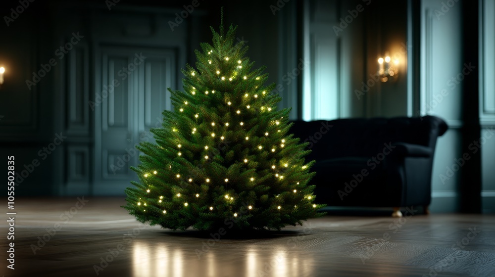 A liter-sized Christmas tree sits atop a hardwood floor in a living room Nearby, a black couch is positioned A liter-sized Christmas tree sits atop a hardwood floor in a living room Nearby, a black couch is positioned