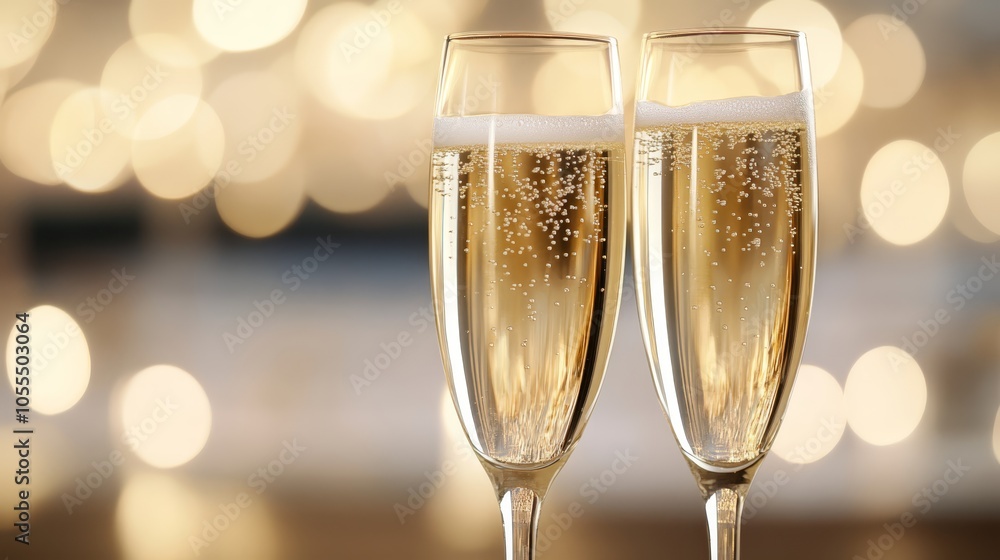 Two champagne glasses on a table, background blurred with lights Two champagne glasses on a table, background blurred with lights