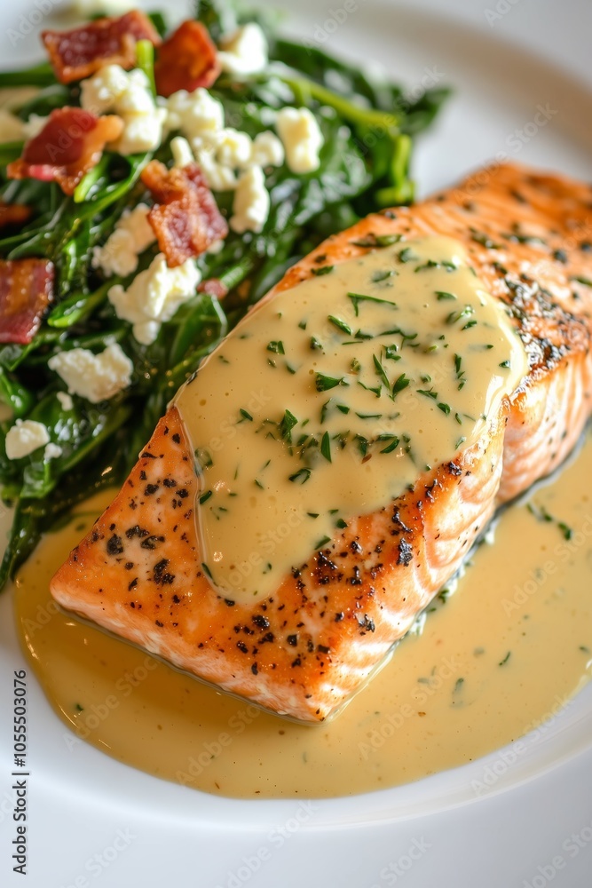 Delicious grilled salmon fillet served with creamy sauce and sautéed greens topped with crispy bacon bits Delicious grilled salmon fillet served with creamy sauce and sautéed greens topped with crispy bacon bits