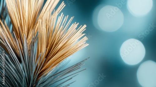  A tight shot of a pine tree branch against a backdrop of softly blurred lights The image features a shallow depth of field, with the branch in focus and the surrounding lights gently diffused photo