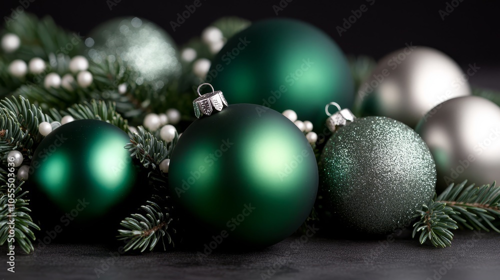 green and silver ornaments atop, nearby, a green fir tree adorned with white ball decorations green and silver ornaments atop, nearby, a green fir tree adorned with white ball decorations