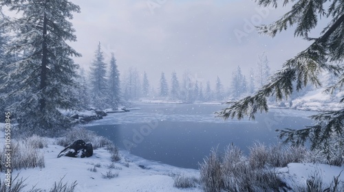 A snowy winter landscape, with a frozen lake surrounded by pine trees