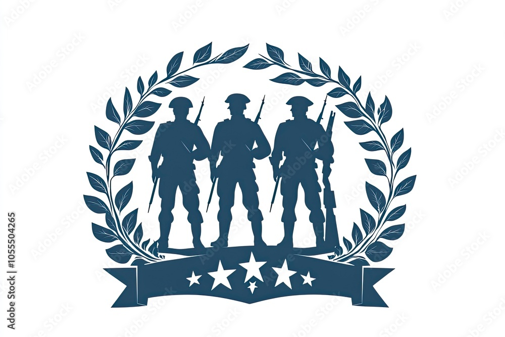 Logo, vector design of silhouette in blue with white stars on the bottom and olive green leaves at the top. Generative ai Logo, vector design of silhouette in blue with white stars on the bottom and olive green leaves at the top. Generative ai