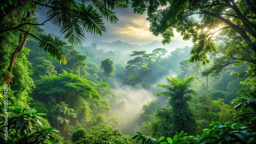 Dense foliage covers the entire frame, with towering trees and lush undergrowth stretching up towards the sky on a misty morning, overgrown, foliage, green landscape