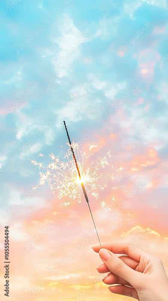 Hand holding a sparkler against a soft dawn sky, symbolizing hope and new resolutions, delicate sparkle details, peaceful tones Hand holding a sparkler against a soft dawn sky, symbolizing hope and new resolutions, delicate sparkle details, peaceful tones