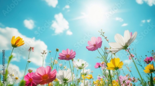 A vibrant spring meadow, filled with colorful wildflowers in bloom, under a bright blue sky, evoking renewal and joy