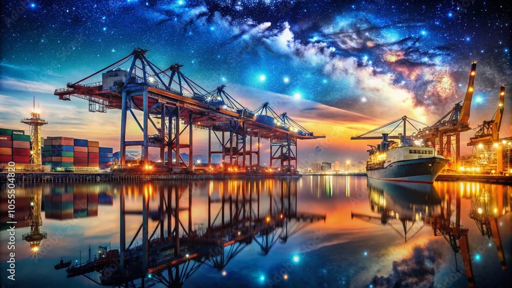 Nighttime Port View with Cargo Ships and Cranes Illuminated by City Lights Nighttime Port View with Cargo Ships and Cranes Illuminated by City Lights