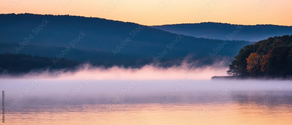 Obraz premium A serene landscape featuring mist over a tranquil lake, surrounded by rolling hills at sunrise, creating a peaceful and atmospheric scene.