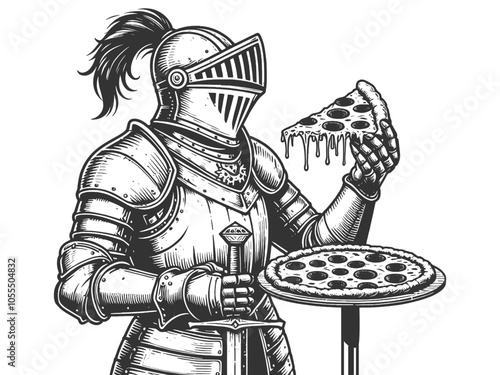 medieval knight in full armor enjoying pizza slice, historical imagery with humorous elements sketch engraving generative ai vector illustration. Scratch board imitation. Black and white image