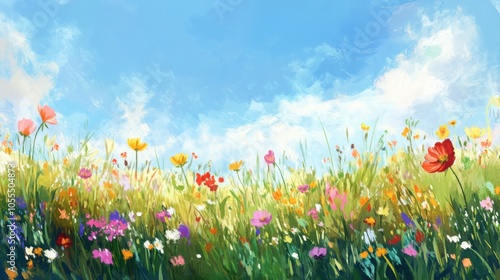 A vibrant spring meadow, filled with colorful wildflowers in bloom, under a bright blue sky