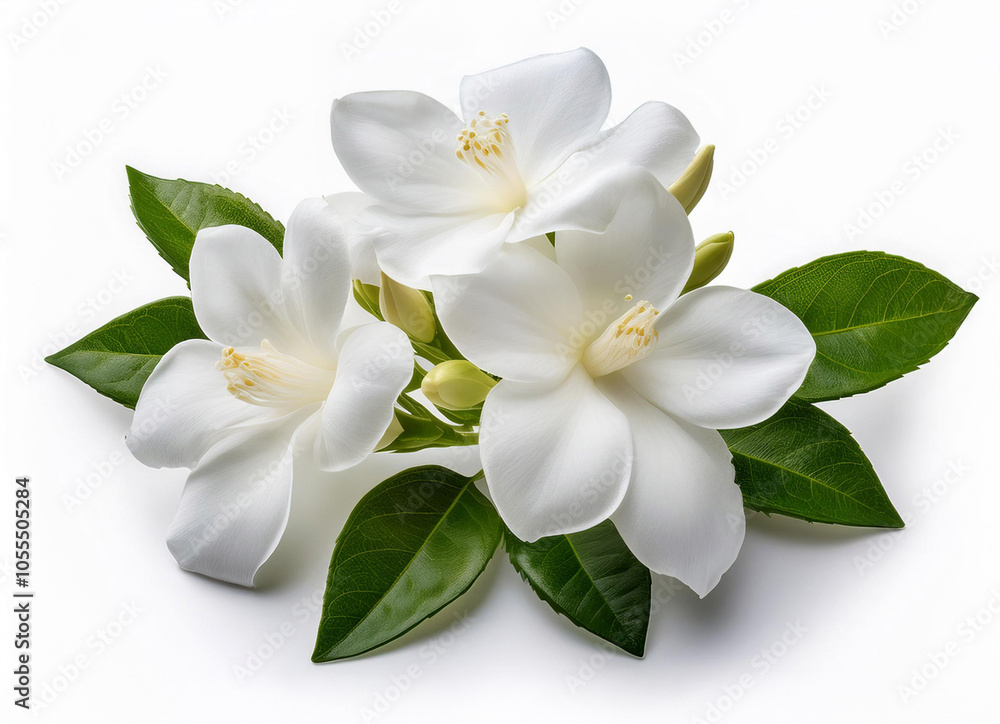 Obraz premium White Gardenya Flower isolated on white background. perfume flower, perfume flower oils, perfume essential flowers, perfume essential oils, 