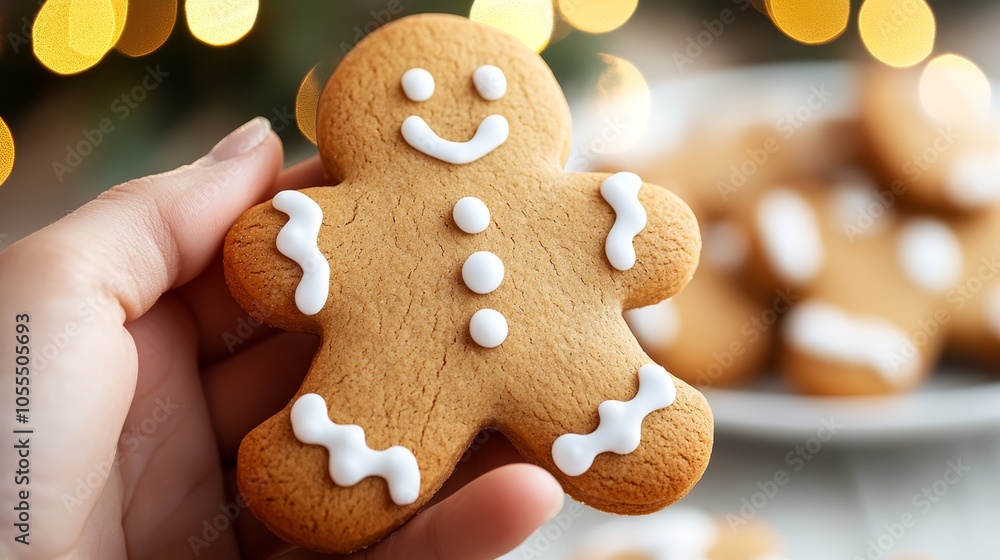 A person closely holds a small gingerbread cookie with white frosting on their expressionless face Behind them, a plate of cookies sits waiting to be devoured A person closely holds a small gingerbread cookie with white frosting on their expressionless face Behind them, a plate of cookies sits waiting to be devoured