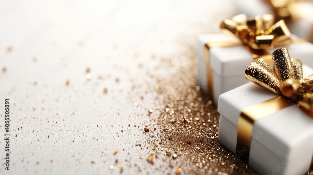 Two pristine gift boxes, each clad in white, are adorned with golden bows The surface beneath them sparkles subtly with golden flecks Two pristine gift boxes, each clad in white, are adorned with golden bows The surface beneath them sparkles subtly with golden flecks