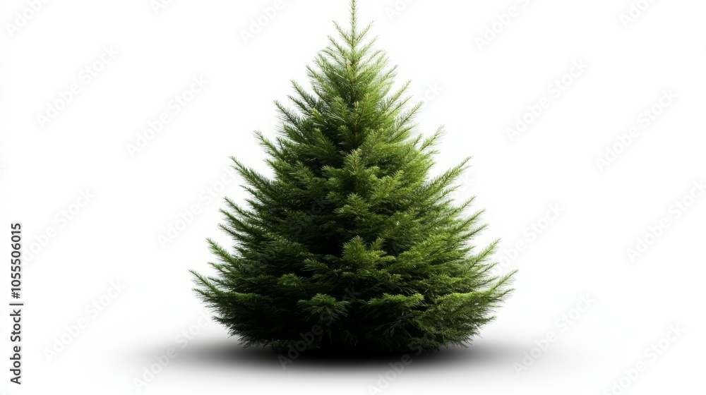 A small pine tree against a white backdrop, casts a shadow in image's center A small pine tree against a white backdrop, casts a shadow in image's center