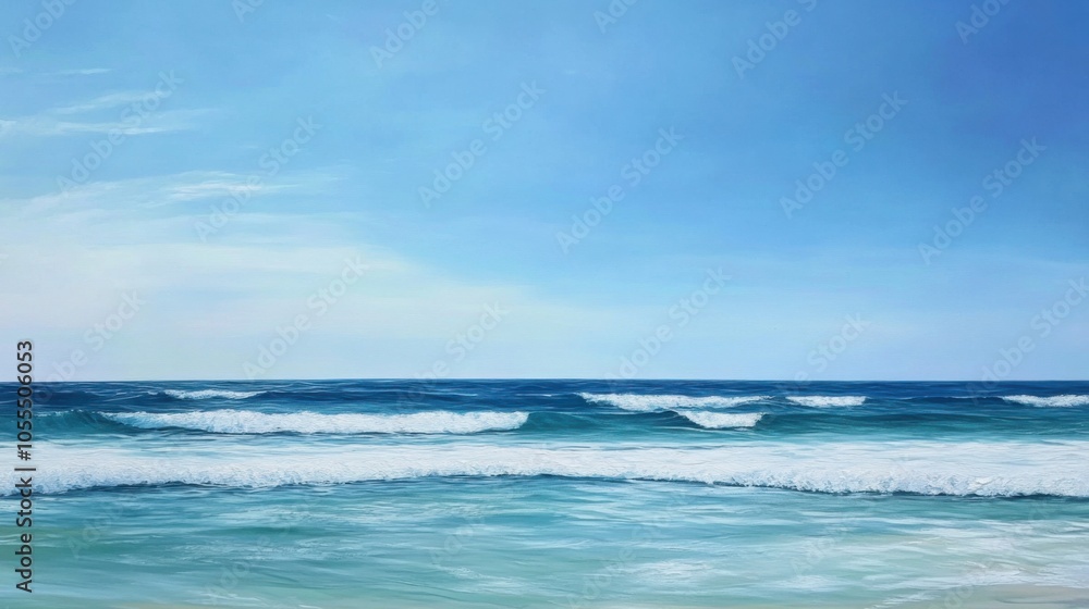 The open ocean under a clear sky, with gentle waves and deep blue waters stretching to the horizon The open ocean under a clear sky, with gentle waves and deep blue waters stretching to the horizon