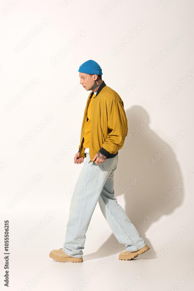 A young man adorned with tattoos strolls confidently, reflecting personal style and creativity. A young man adorned with tattoos strolls confidently, reflecting personal style and creativity.