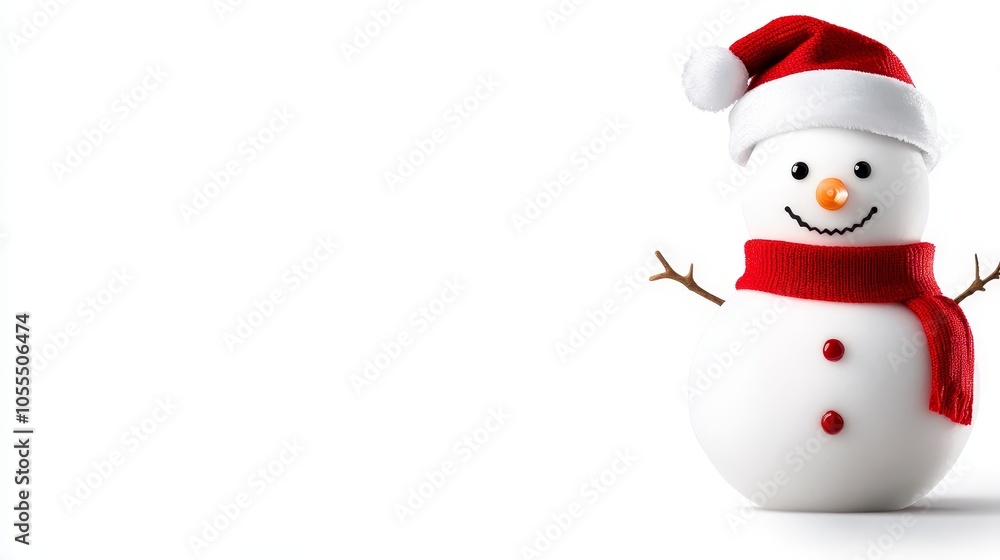 A snowman, donned with a Santa hat and a red scarf around its neck, stands before a pristine white background A snowman, donned with a Santa hat and a red scarf around its neck, stands before a pristine white background