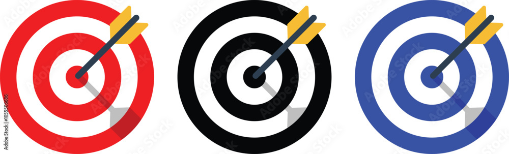 Archery target collection with arrow. Sight Crosshairs Bullseye dartboard icon. Business target destination icon. Arrow Target aiming in blue, red, Black and yellow. Archery target collection with arrow. Sight Crosshairs Bullseye dartboard icon. Business target destination icon. Arrow Target aiming in blue, red, Black and yellow.