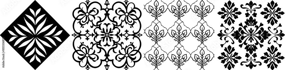 Fototapeta premium Intricate geometric patterns with floral motifs in contrasting colors, creating a visually striking design element.