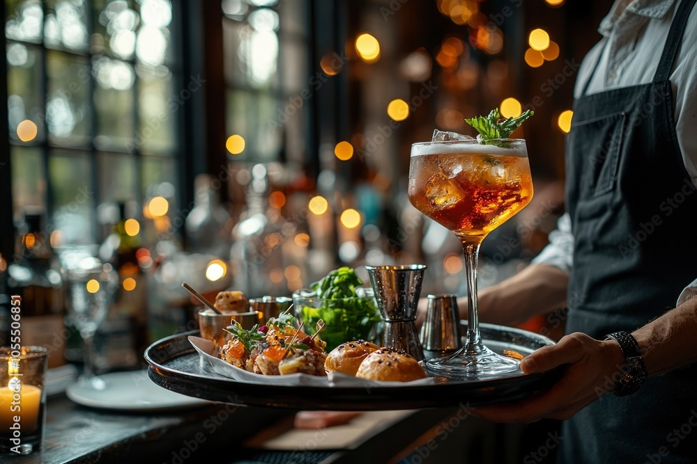 A Bartender Serving a Cocktail and Appetizers on a Tray A Bartender Serving a Cocktail and Appetizers on a Tray