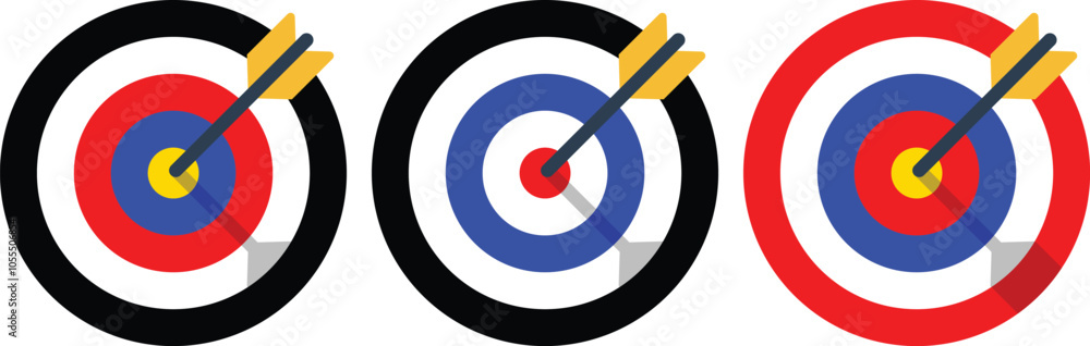 Archery target collection with arrow. Sight Crosshairs Bullseye dartboard icon. Business target destination icon. Arrow Target aiming in blue, red, Black and yellow. Archery target collection with arrow. Sight Crosshairs Bullseye dartboard icon. Business target destination icon. Arrow Target aiming in blue, red, Black and yellow.