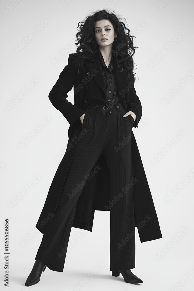 Stylish model showcasing sophisticated black attire with a dramatic long coat in a minimalist studio setting Stylish model showcasing sophisticated black attire with a dramatic long coat in a minimalist studio setting